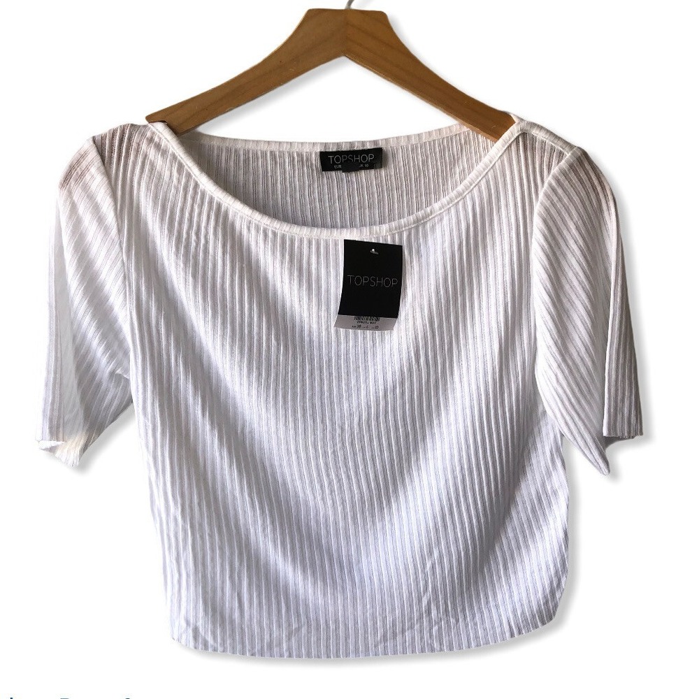 Topshop Women's Crop Top Size 6 White Ribbed Short Sleeve Shirt NWT Stretch